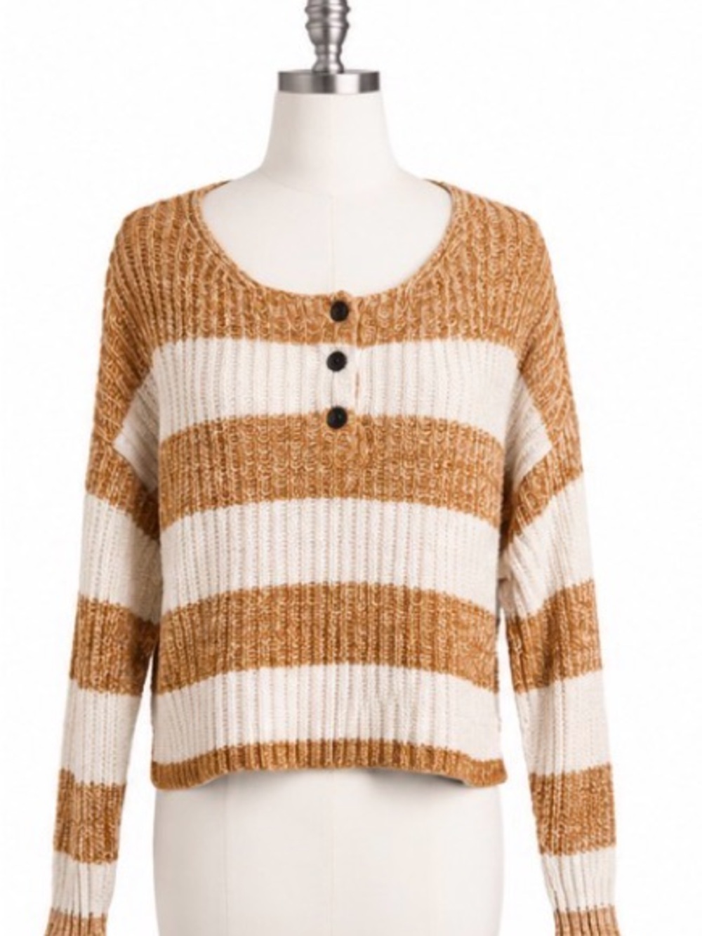 American Eagle Cropped Striped Henley Sweater Size Medium Tan Cream Chunky Knit